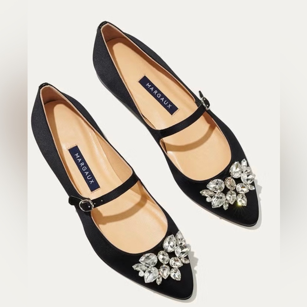 Micaela x Margaux  The Mary Jane in Black Satin  & Rhinestone s 36.5 N (US 6.5 N